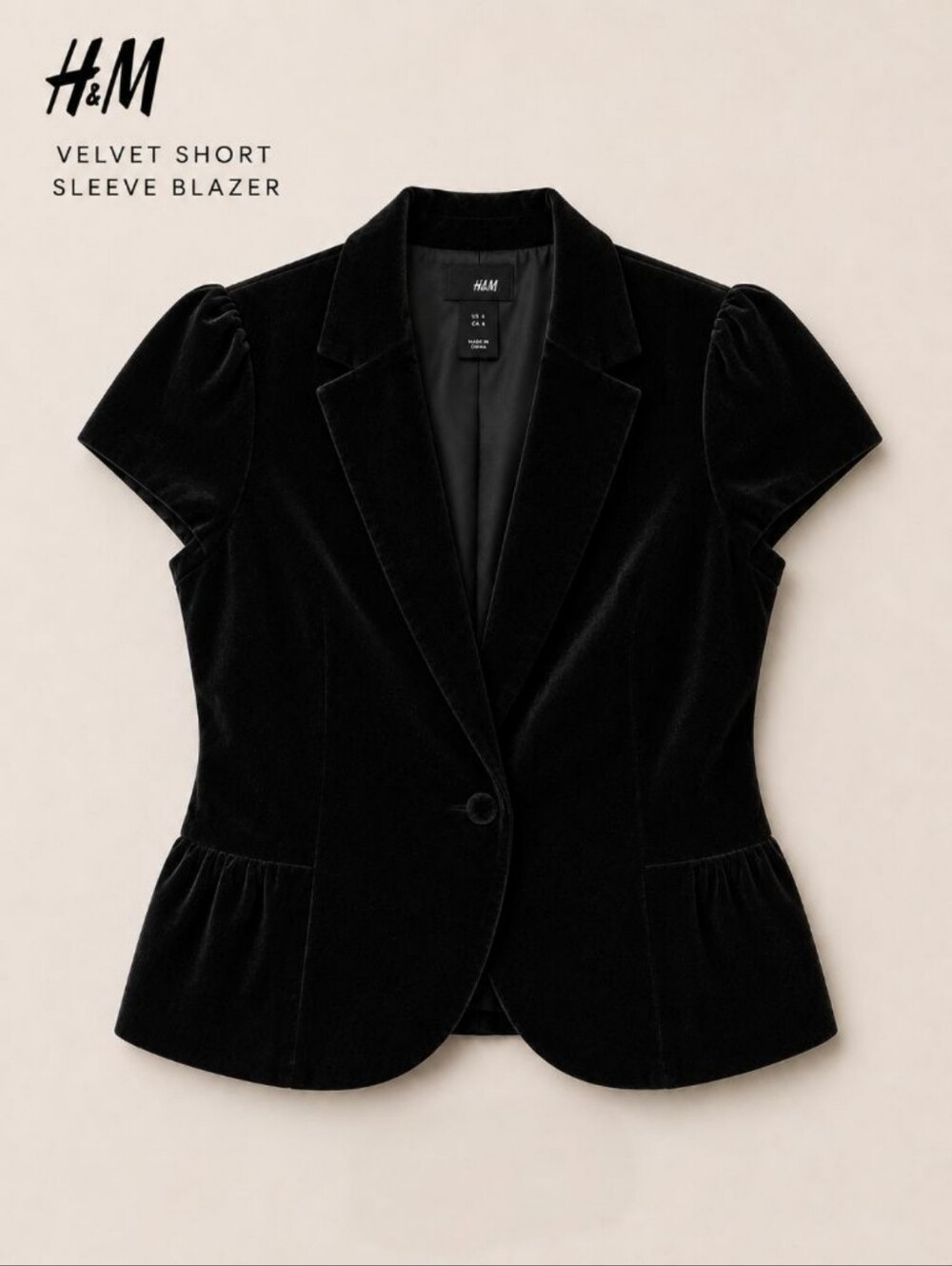 EUC H&M Black Velvet Short-Sleeve Blazer, Size 6 Slim Fit